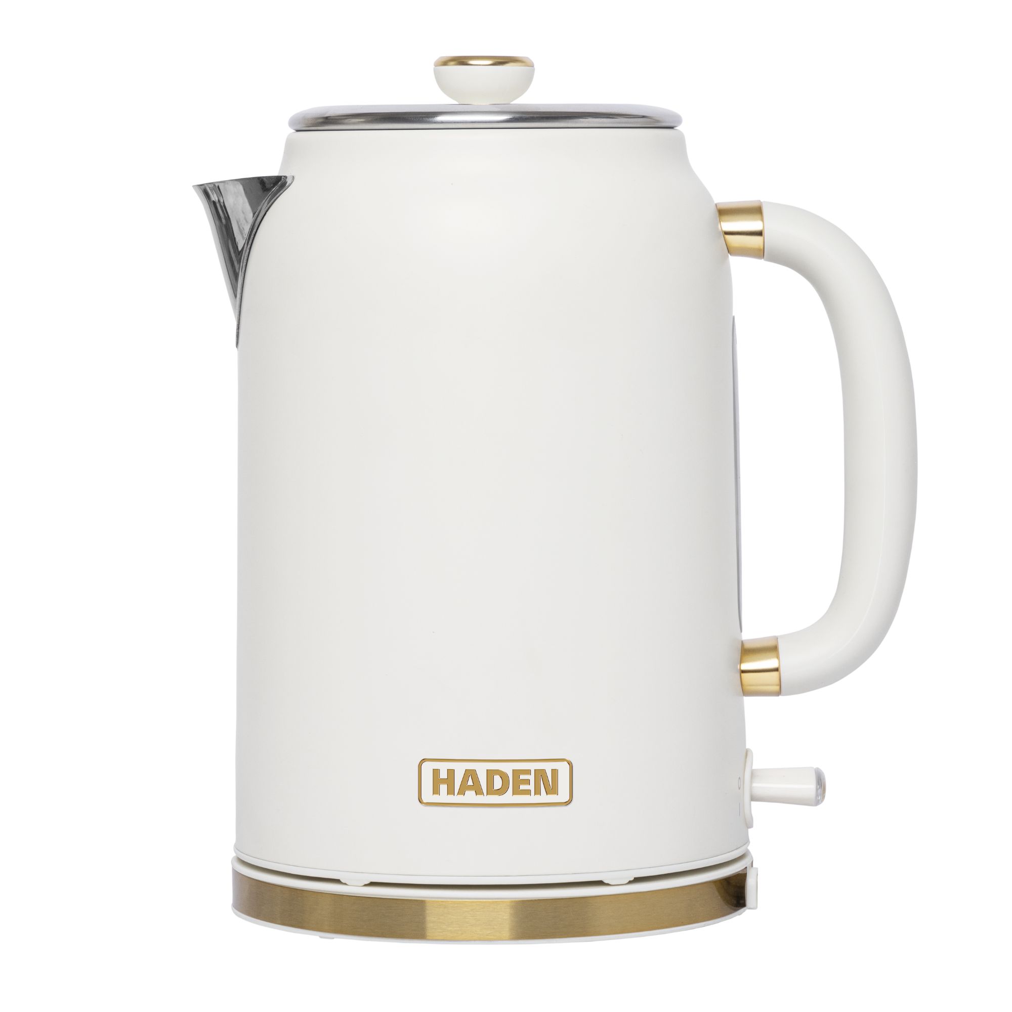 White electric kettle with brass base