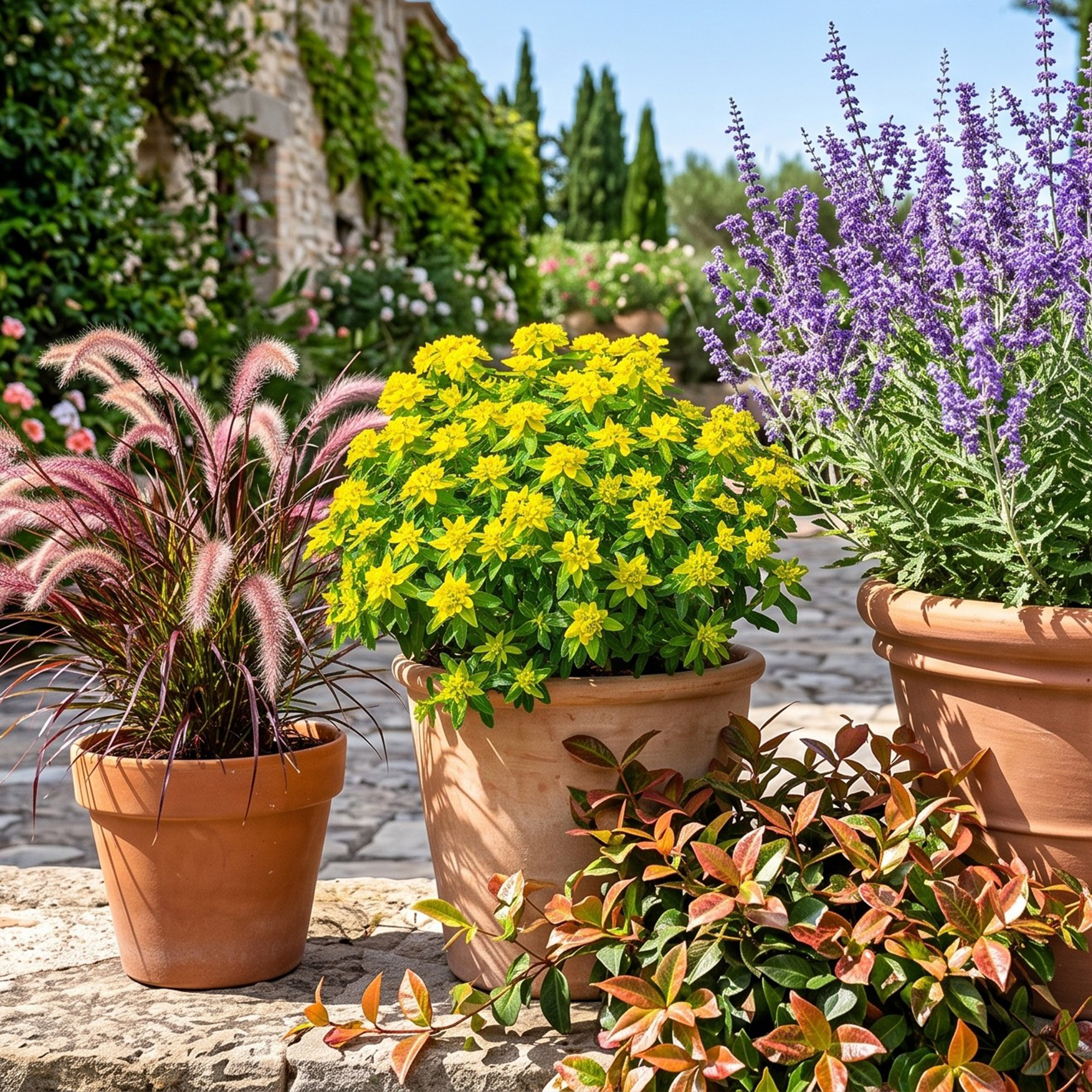 AI generated image showing Russian sage, purple fountain grass and cushion spurge in terracotta pots next to watering can