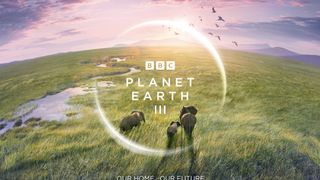 Planet Earth 3 logo with elephants walking under a sunrise. 