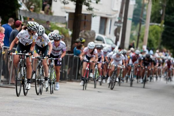 HTC-Highroad puts some pressure on the group on the climb.