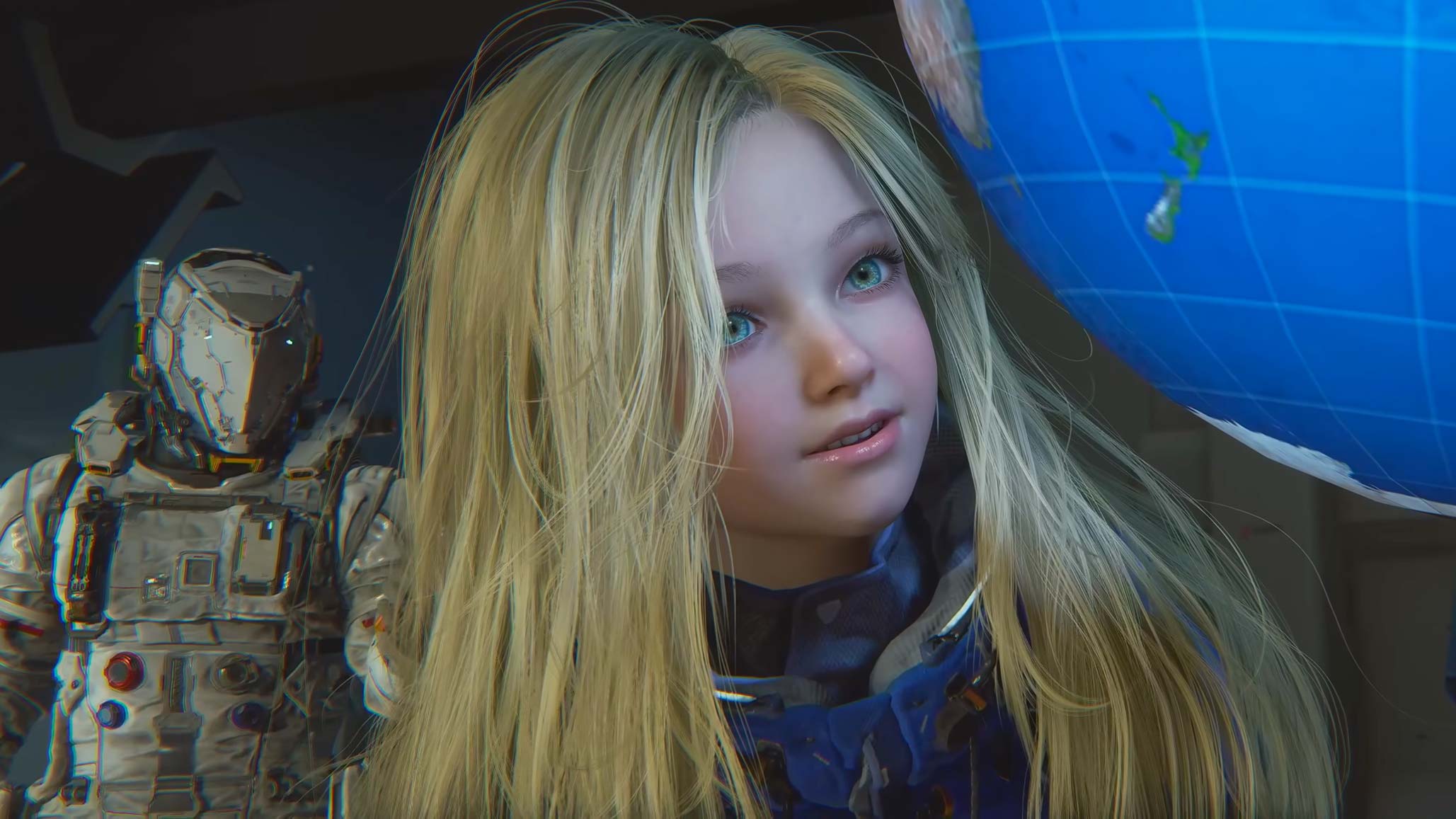 Diana, the little android girl from Pragmata, as she looks at a globe close-up