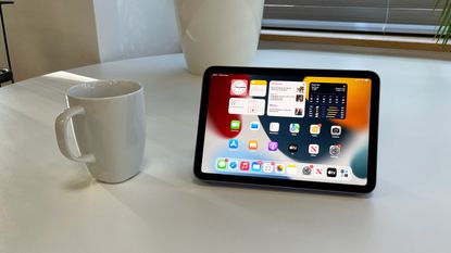 Apple iPad mini 6th Gen review, showing the iPad in landscape with the iOS homescreen visible, and a mug next to the iPad for scale