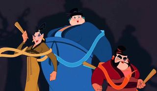 Ling, Yao and Chien Po in Mulan original dressed as women