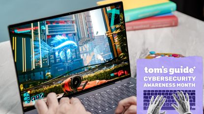 A person playing Cyberpunk 2077 on the Dell XPS 14 (2026) with a Tom's Guide Cybersecurity Awareness Month badge