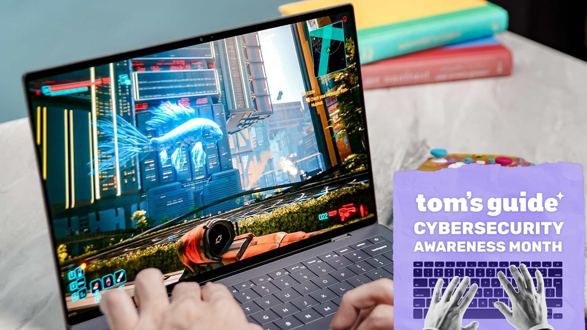 A person playing Cyberpunk 2077 on the Dell XPS 14 (2026) with a Tom's Guide Cybersecurity Awareness Month badge