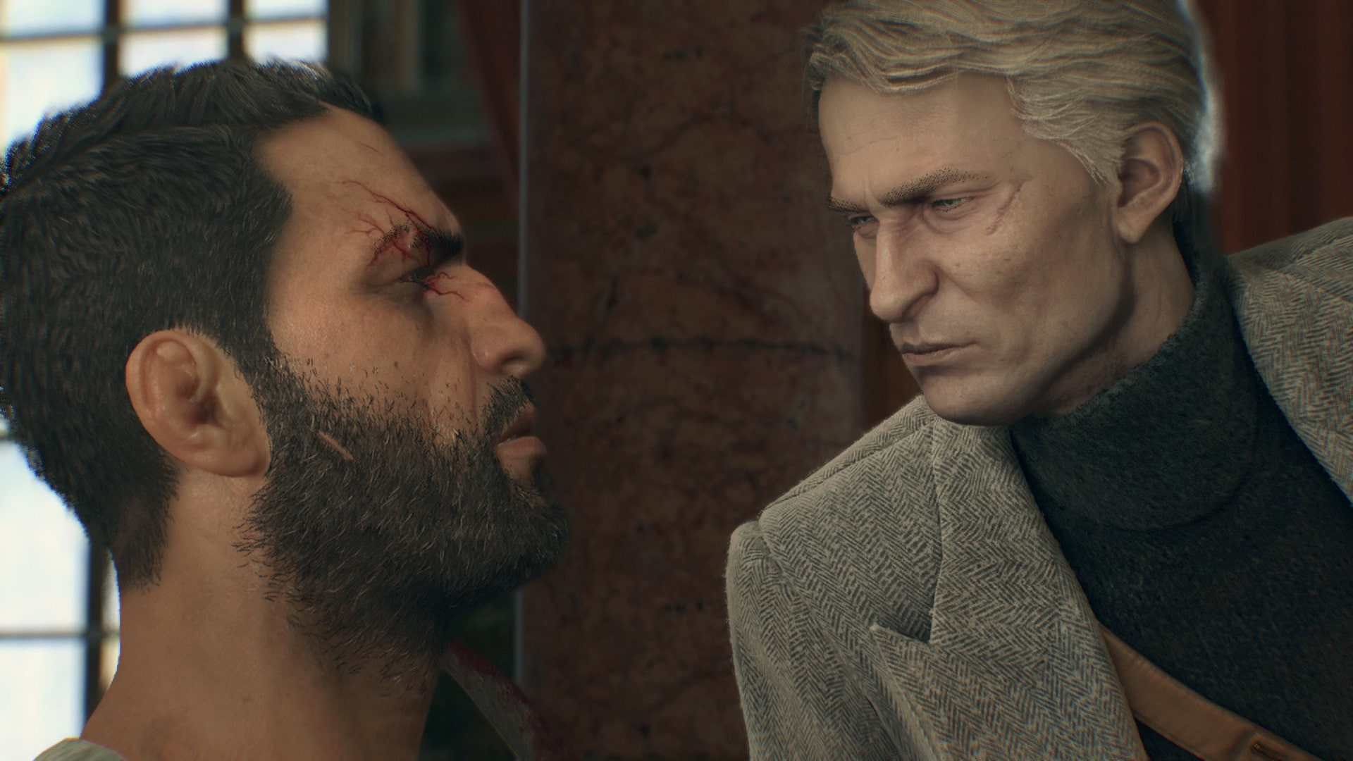 Dying Light: The Beast screenshot of The Baron raising Kyle&#039;s chin with a knife