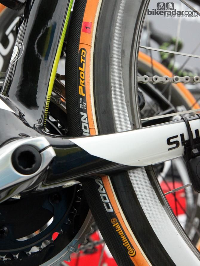 Orica-GreenEdge bikes were dressed up with orange sidewalls courtesy of Continental