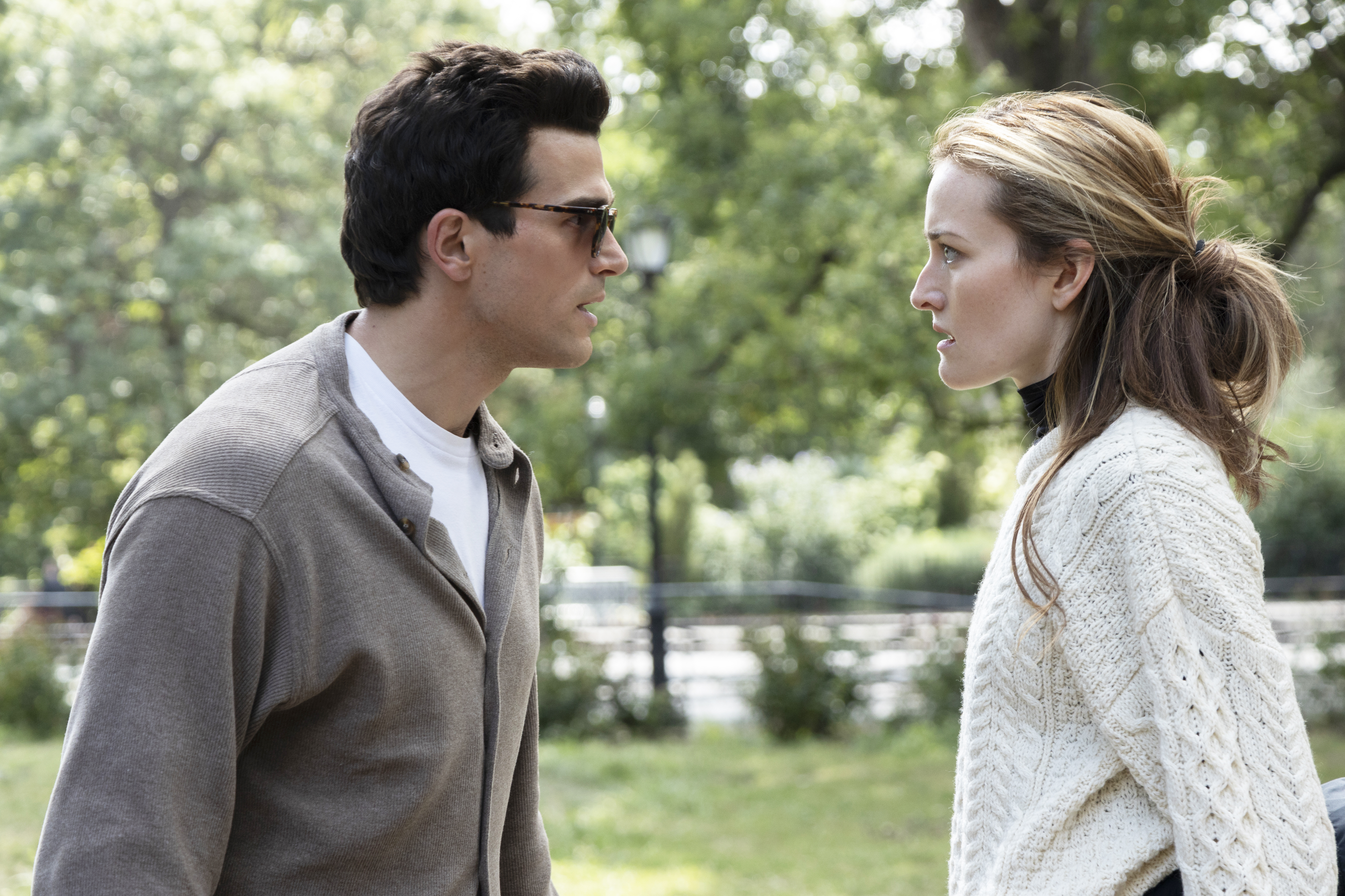 Carolyn Bessette-Kennedy in FX's Love Story wearing J.Crew's iconic rollneck sweater with John F. Kennedy Jr.