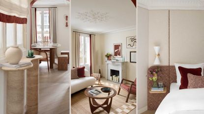 compilation of Parisian style decor in a hallway, living room and bedroom