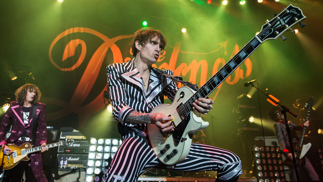 A photograph of Justin Hawkins onstage at the Roundhouse, December 2015