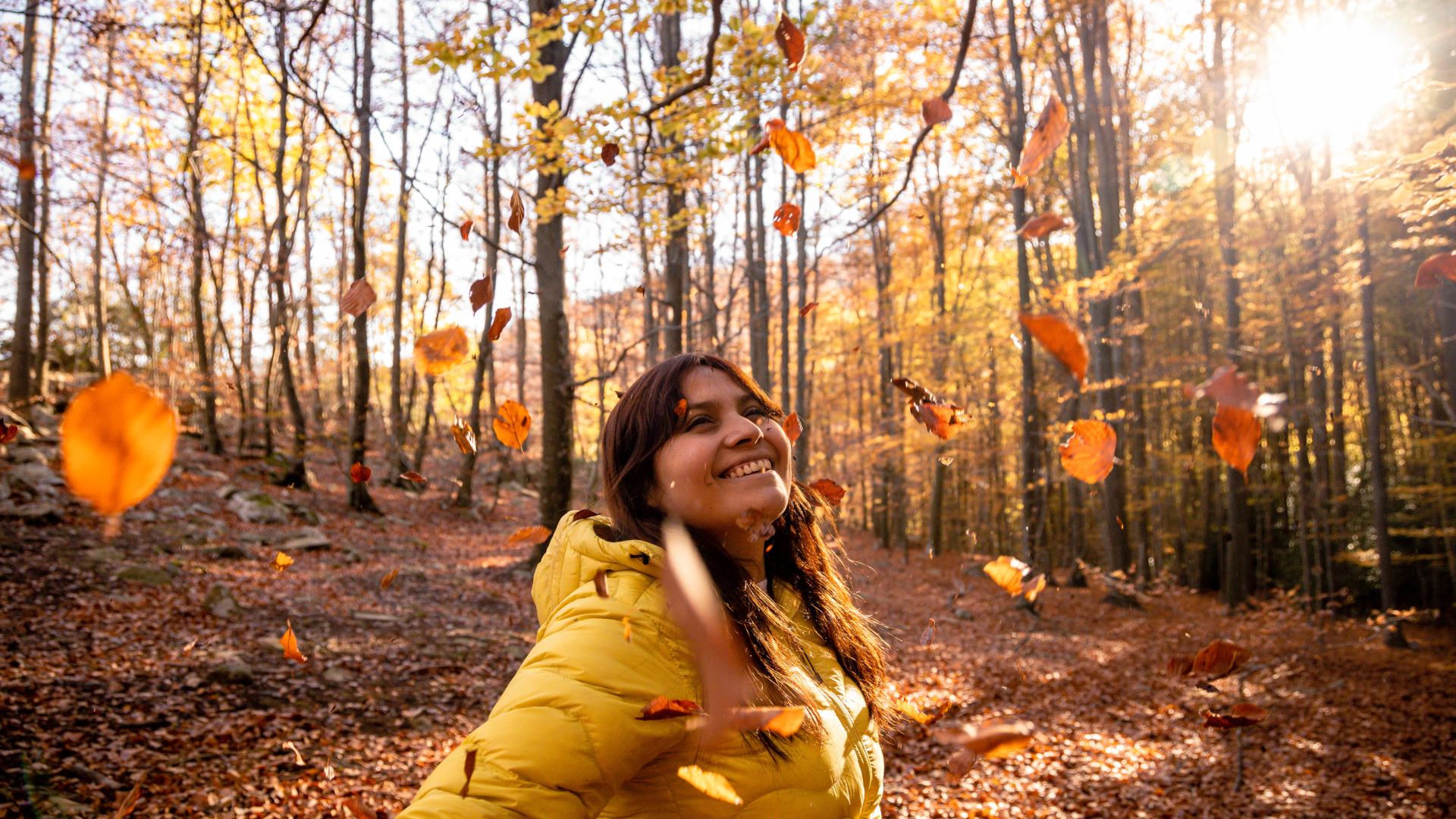 A woman on a walk in the woods in autumn surrounded by colourful leaves