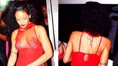 Rihanna in a red dress.