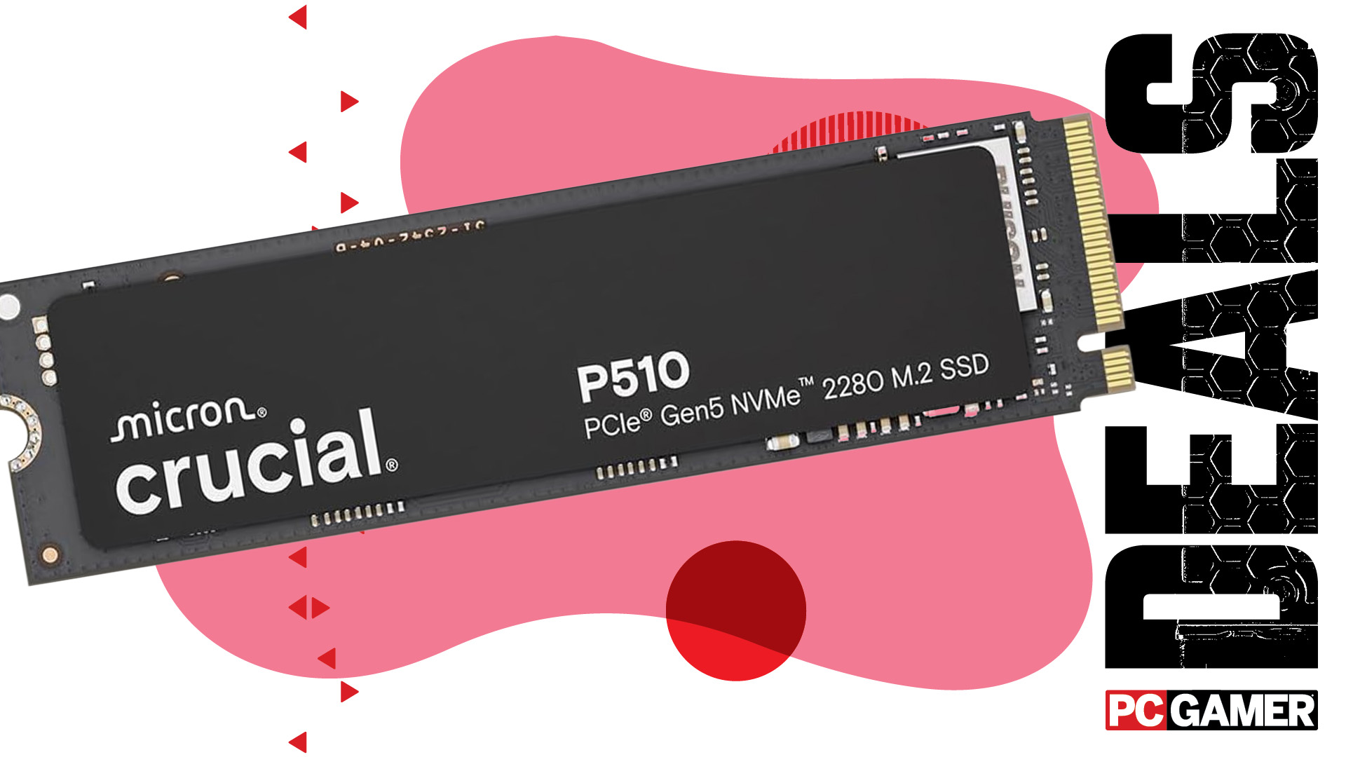 Crucial SSD on a red background with the word deals and the PC Gamer logo on the right hand side.