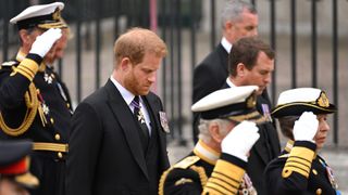 Prince Harry, Duke of Sussex, King Charles III and Anne, Princess Royal during the State Funeral of Queen Elizabeth II