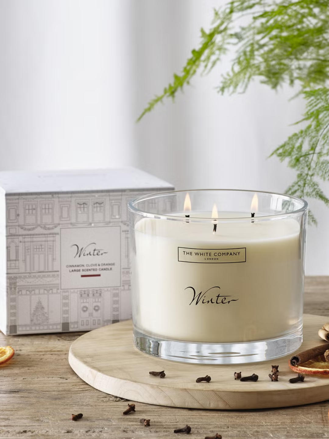 A three-wick winter candle from The White Company