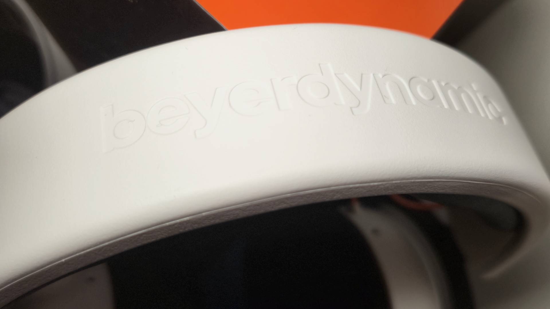 Close up of the 'Beyerdynamic' branding on the headband.