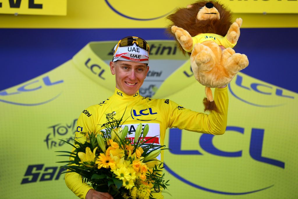 MEGEVE FRANCE JULY 12 Tadej Pogacar of Slovenia and UAE Team Emirates Yellow Leader Jersey celebrates at podium during the 109th Tour de France 2022 Stage 10 a 1481km stage from Morzine to Megve 1435m TDF2022 WorldTour on July 12 2022 in Megeve France Photo by Tim de WaeleGetty Images