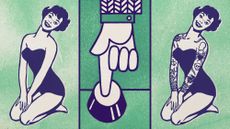 Illustrative collage of a pinup-style drawing of a woman, a hand pressing a button, and the same woman covered in tattoos