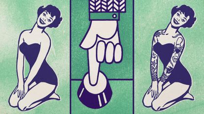 Illustrative collage of a pinup-style drawing of a woman, a hand pressing a button, and the same woman covered in tattoos