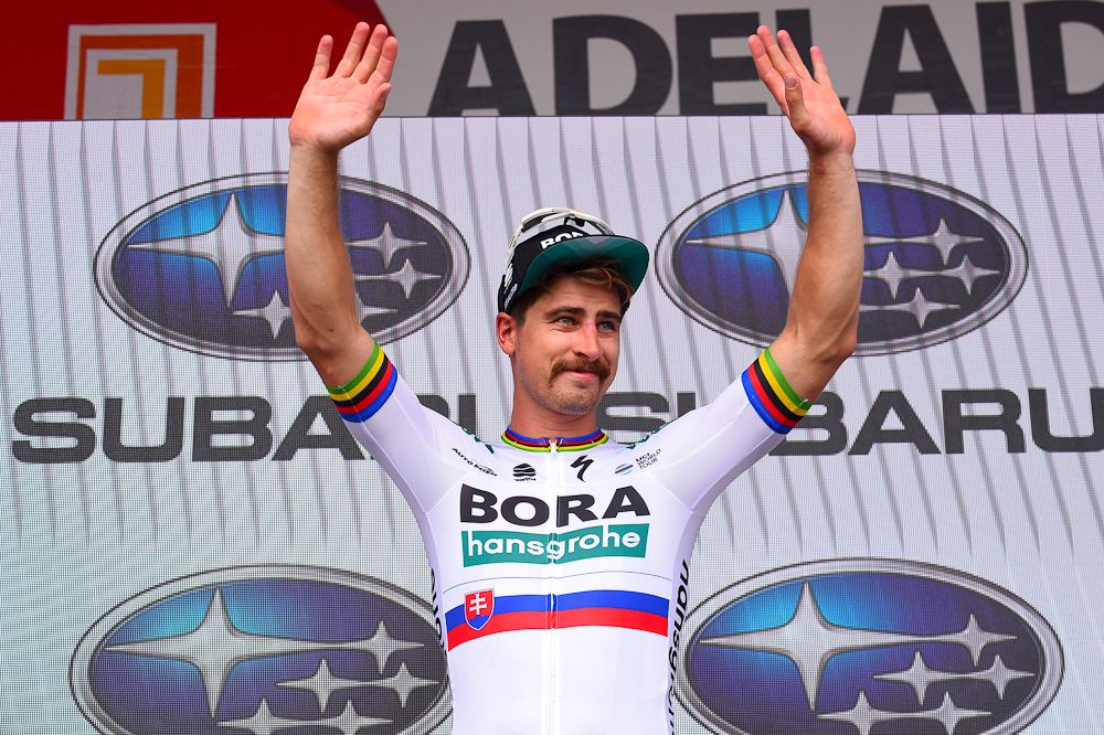 Peter Sagan on the stage 3 podium at the Tour Down Under