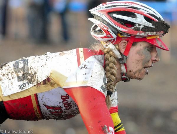 Mo Bruno-Roy (Bob's Red Mill) showing the signs of a hard crash early in the race.
