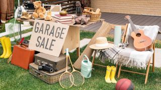 Items placed on grass to be sold in a yard sale