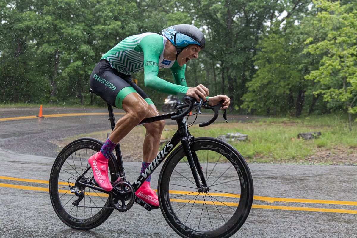 The heaviest rain fell on the GC leaders, the skies opened up on Noah Granigan (Wildlife Federation Pro Cycling) as he approached the 2km left to go.
