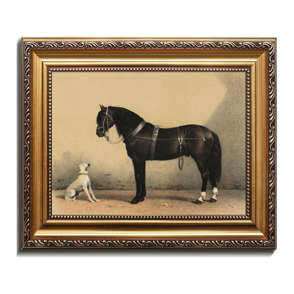 Vintage Dog and Black Horse Oil Painting