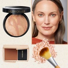 mature setting powder products on a beige background with a makeup brush and an older woman's portrait with bare skin and gray hair in the middle