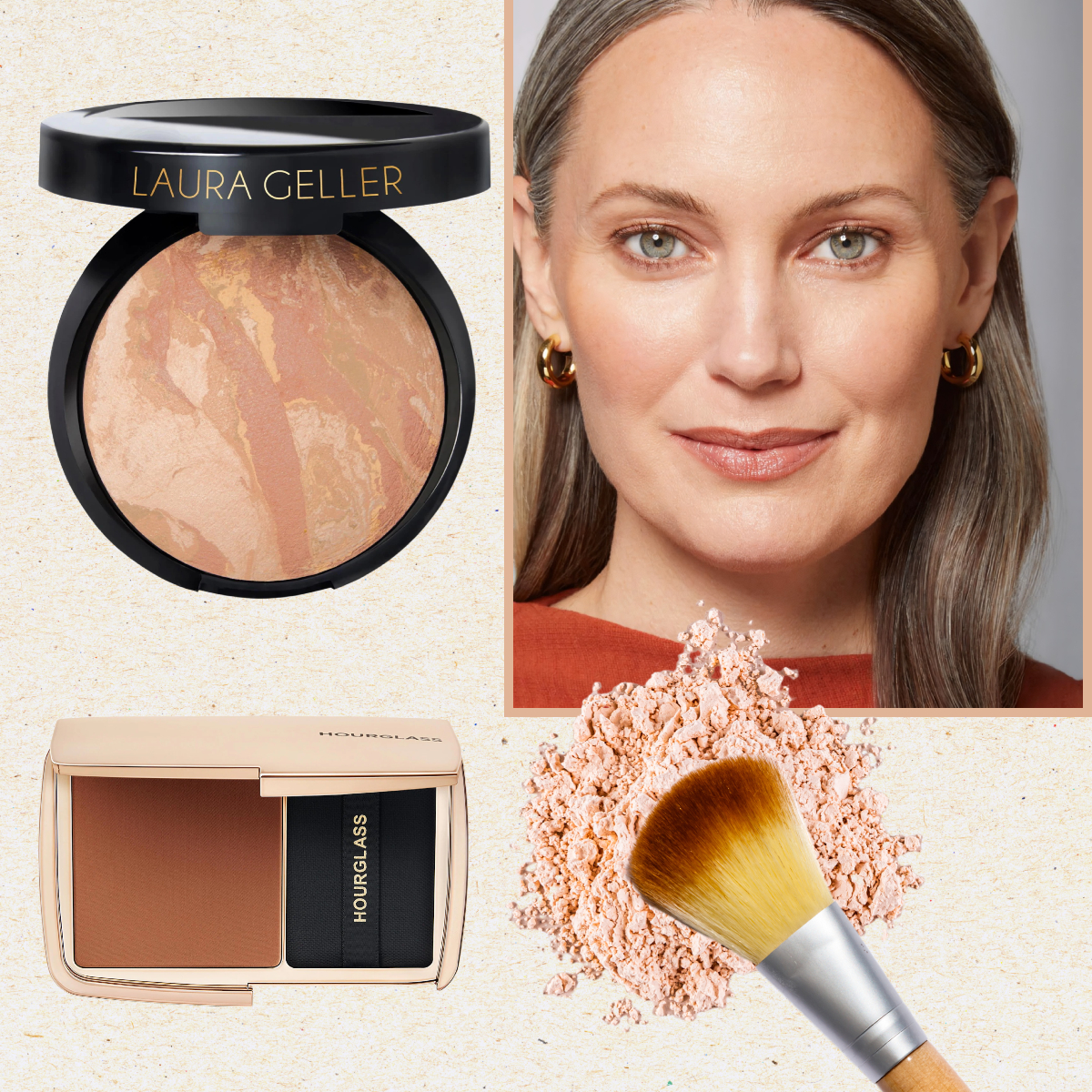 mature setting powder products on a beige background with a makeup brush and an older woman's portrait with bare skin and gray hair in the middle