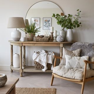 A living room with a cosy accent chair with cushions and a faux sheepskin throw and a jute rug on the floor