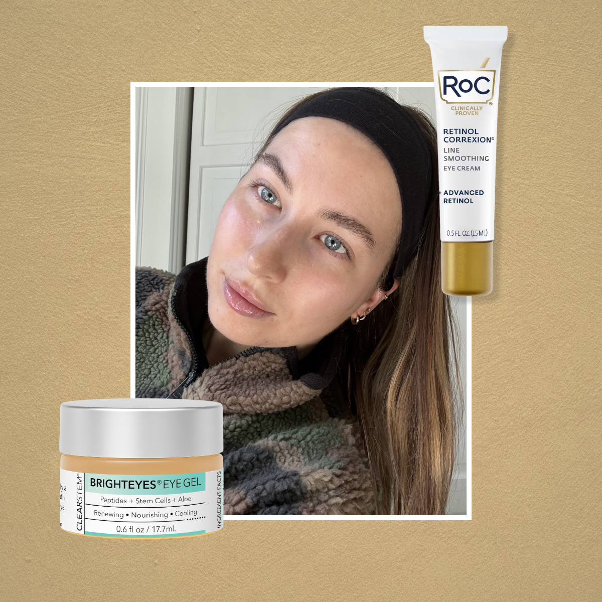 a girl in a headband and camo sweatshirt framed out on a golden background next to two under-eye creams