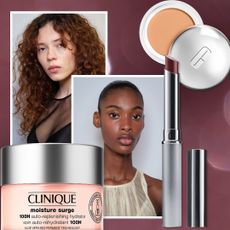 plum background with models and clear skin and clinique products