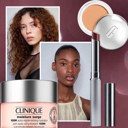 plum background with models and clear skin and clinique products