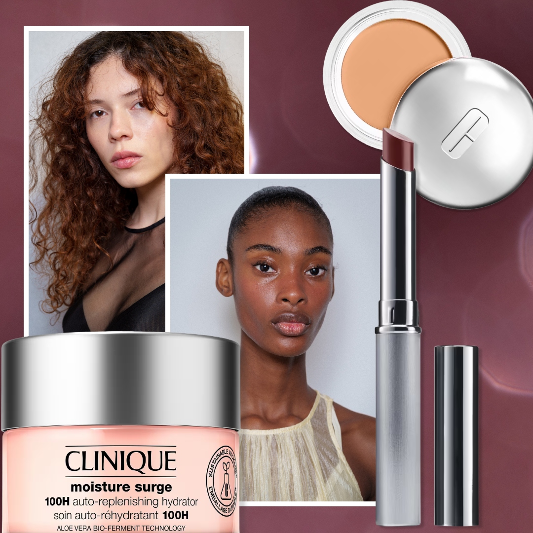 plum background with models and clear skin and clinique products
