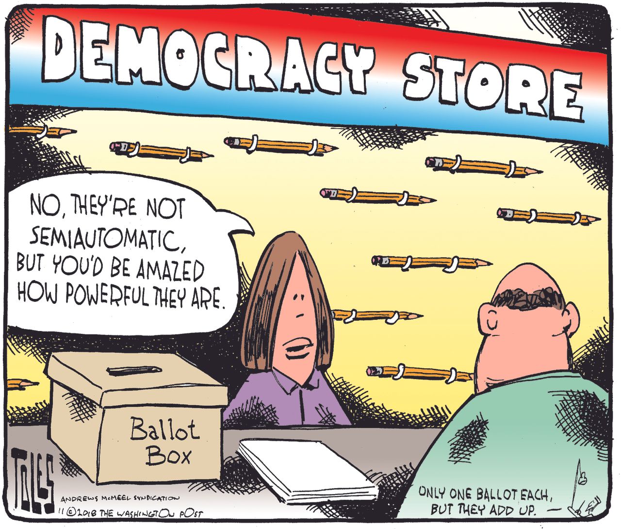 Political cartoon U.S. midterm election voting semiautomatic weapons democracy