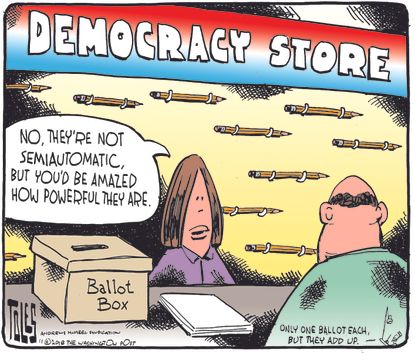 Political cartoon U.S. midterm election voting semiautomatic weapons democracy