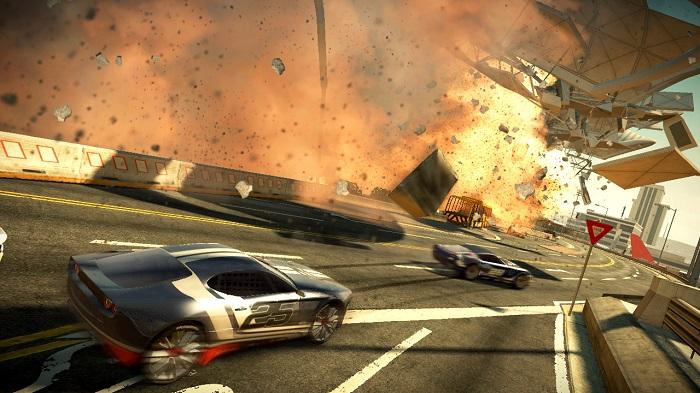 Best racing games - several cars slide through corner in front of explosions