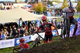 Lars van der Haar, Eli Iserbyt and Thibau Nys compete at the 2023 UCI World Cup round in Maasmechelen