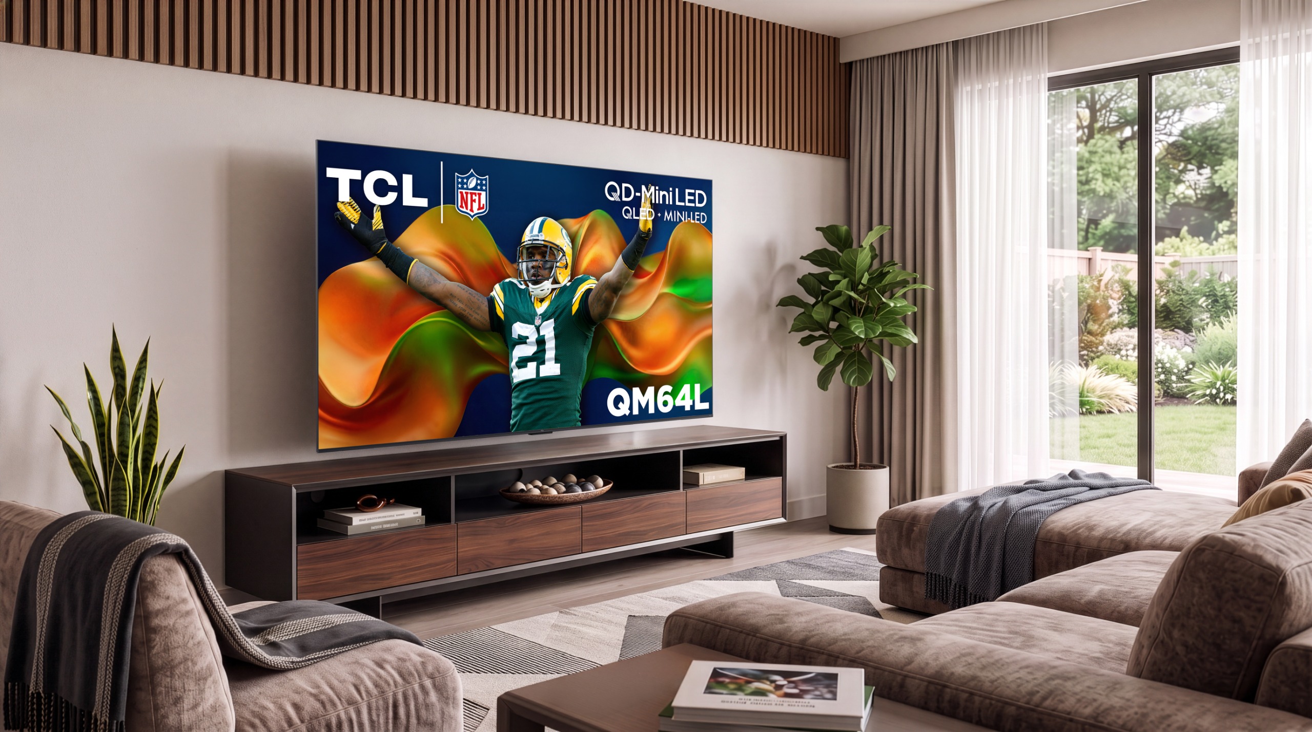 A TCL QM64L TV in a living room