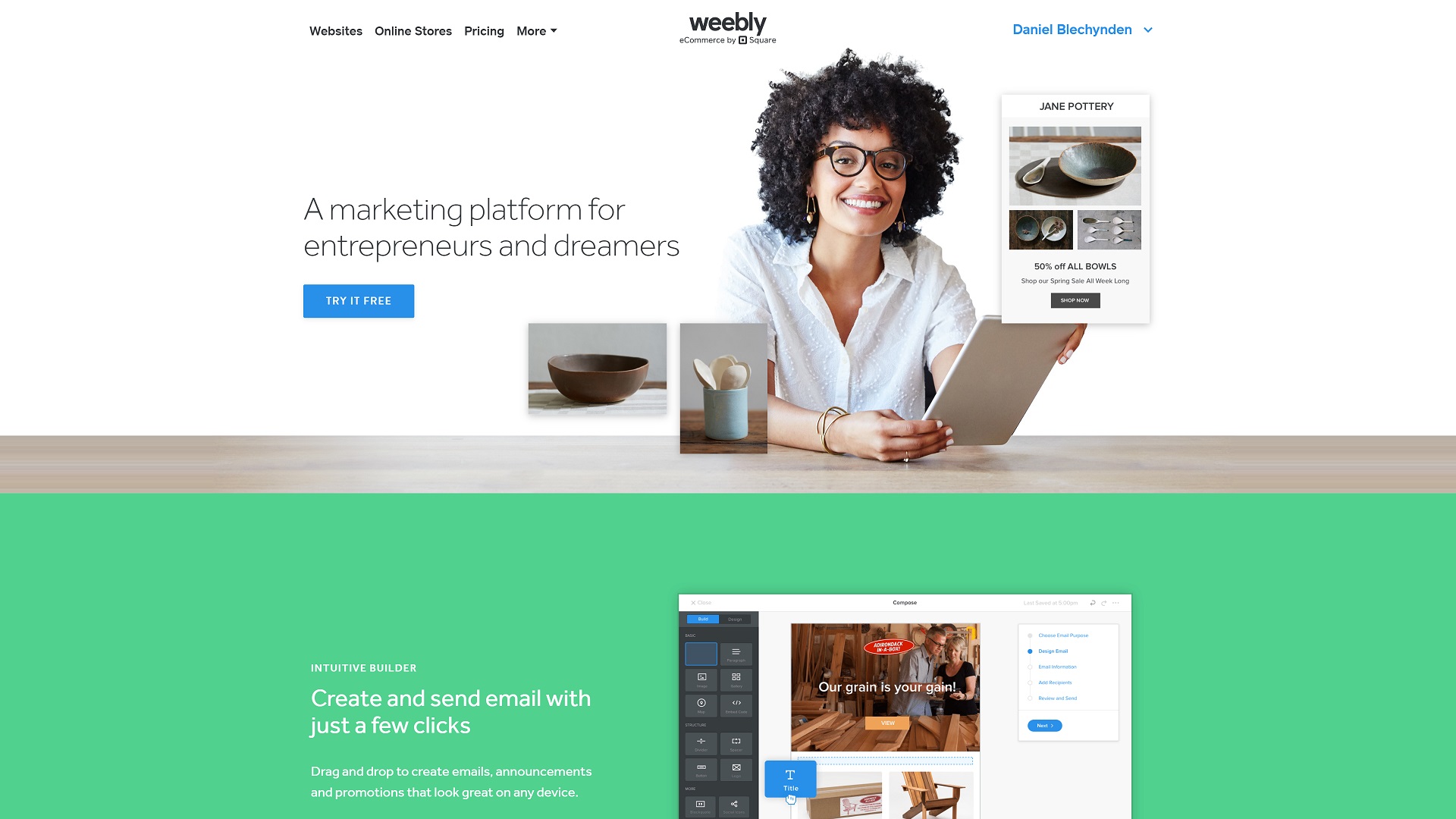 Screenshot of the Weebly Marketing homepage