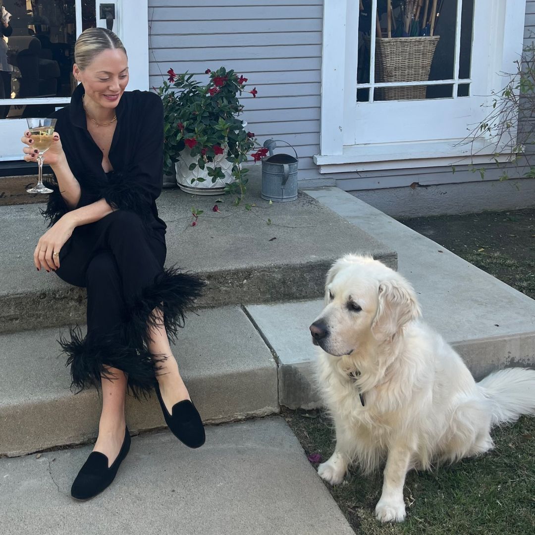 Brooke Ely Danielson wearing velvet slippers