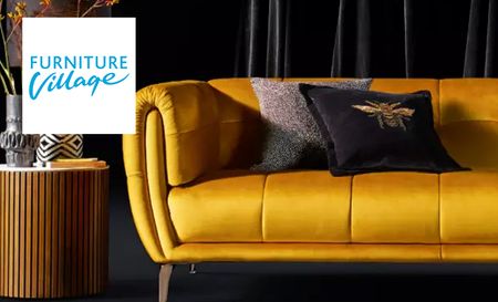 Furniture Village top left with a picture of a mustard sofa with black interior