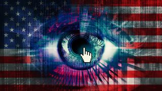 Composite digital eye and American flag - online surveillance concept.