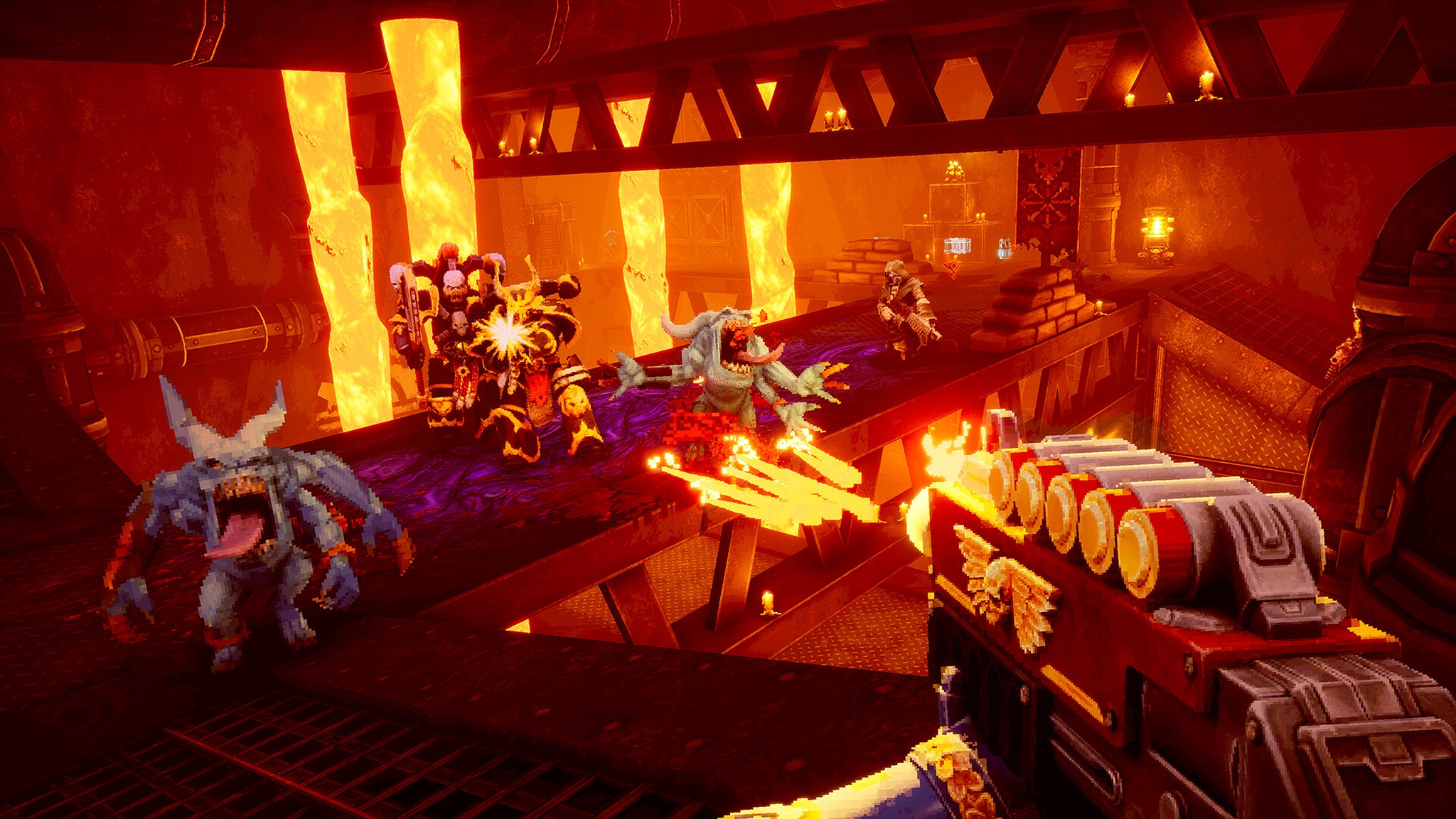 Promotional screenshot of a Space Marine fighting the forces of Chaos in Warhammer 40,000: Boltgun