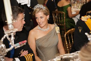 Sophie, Countess of Wessex wears the Five Aquamarine Tiara at the Gala dinner for the wedding of Prince Guillaume of Luxembourg and Stephanie de Lannoy