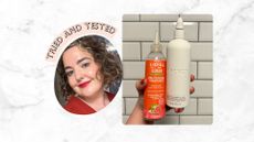 an image of senior beauty editor Rhiannon Derbyshire and one of her holding two exfoliating clarifying shampoos