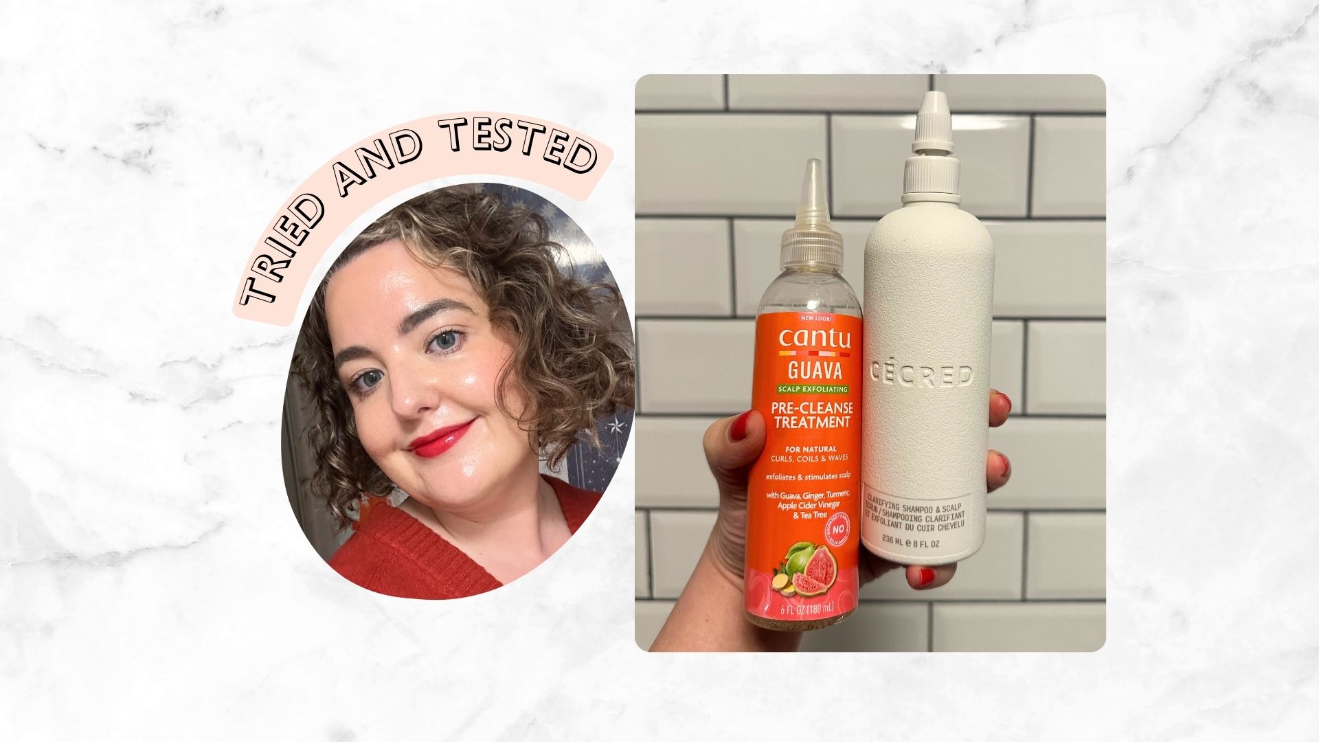 an image of senior beauty editor Rhiannon Derbyshire and one of her holding two exfoliating clarifying shampoos