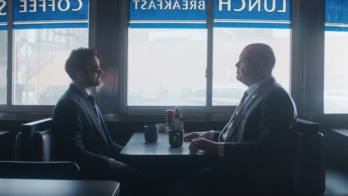 Charlie Cox and Vincent D&#039;Onofrio as Matt Murdock and Wilson Fisk meeting at a diner in Daredevil: Born Again