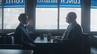 Charlie Cox and Vincent D'Onofrio as Matt Murdock and Wilson Fisk meeting at a diner in Daredevil: Born Again